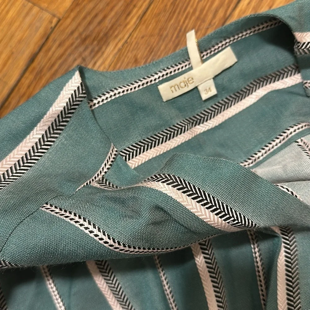 Maje Pandora Woven Stripe Twill Jacquard Jumpsuit Sz 34 / XS / 2 Aqua teal ASO